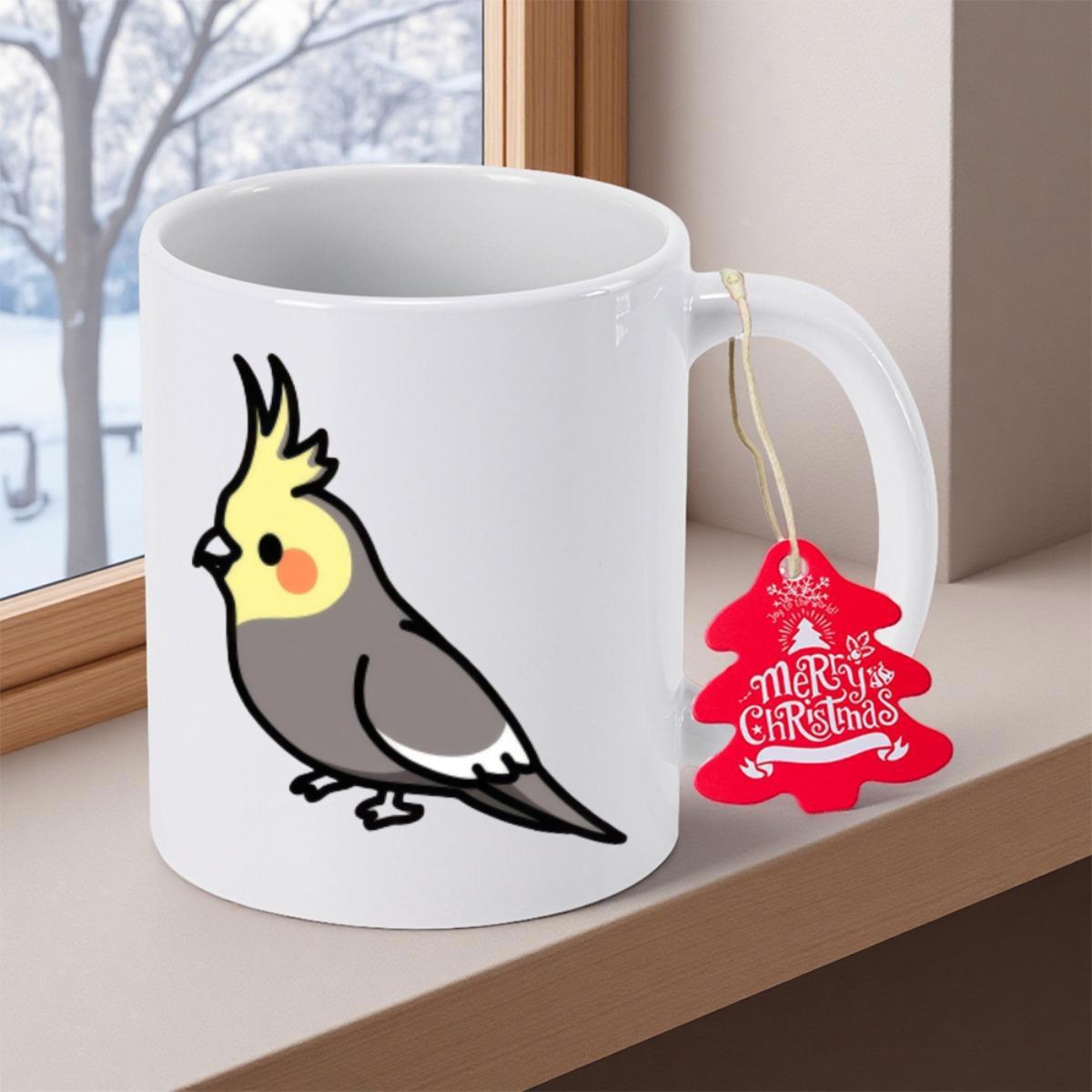 Tailorly White Ceramic 11 oz Mug - Merry Christmas Adorable Minimalist Cartoon Style Bird Sitting Peacefully Under Soft Lighting Cockatiel