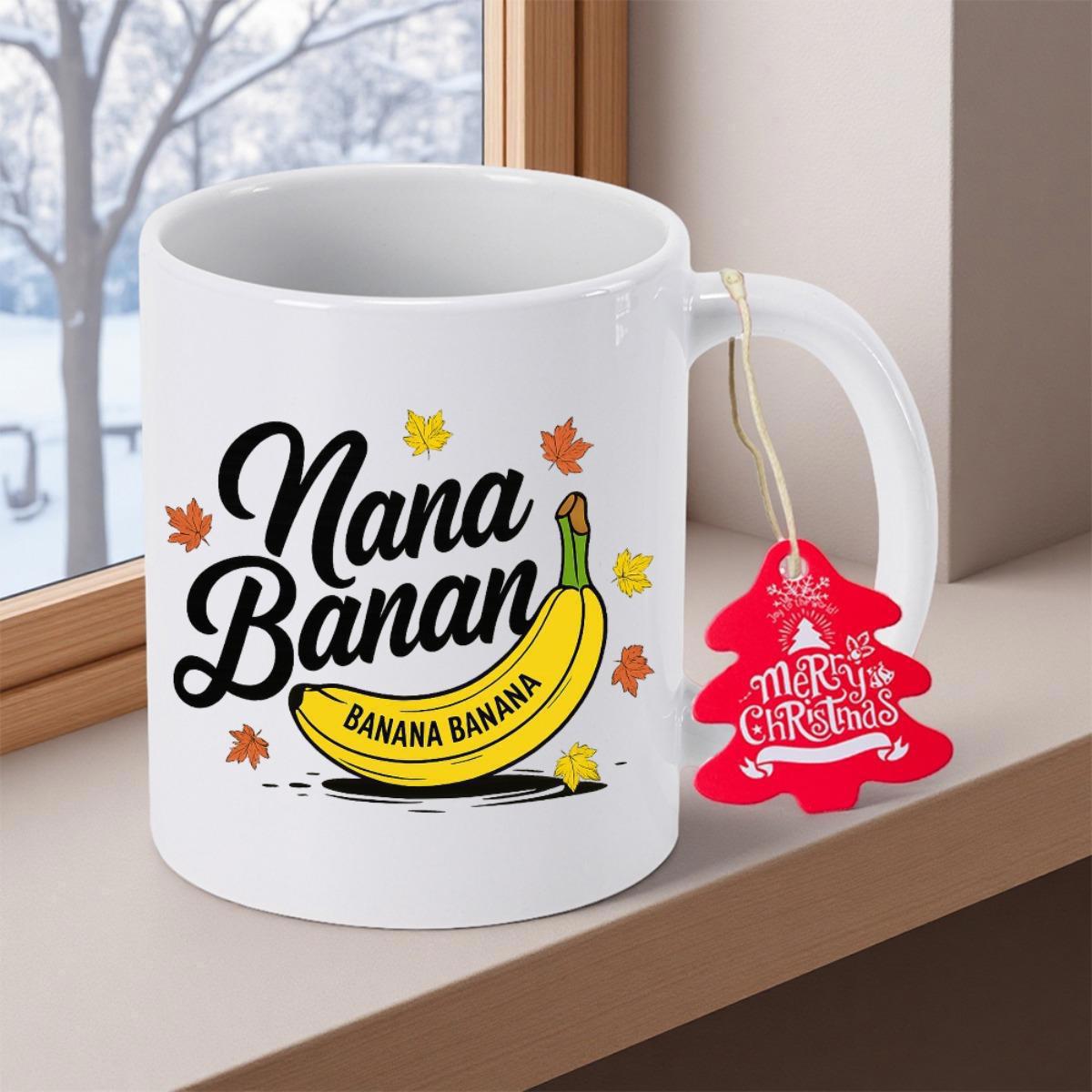 Tailorly White Ceramic 11 oz Mug - Nana Banana Vibrant Yellow Fruit Surrounded By Falling Autumn Maple Leaves On White Background Banana