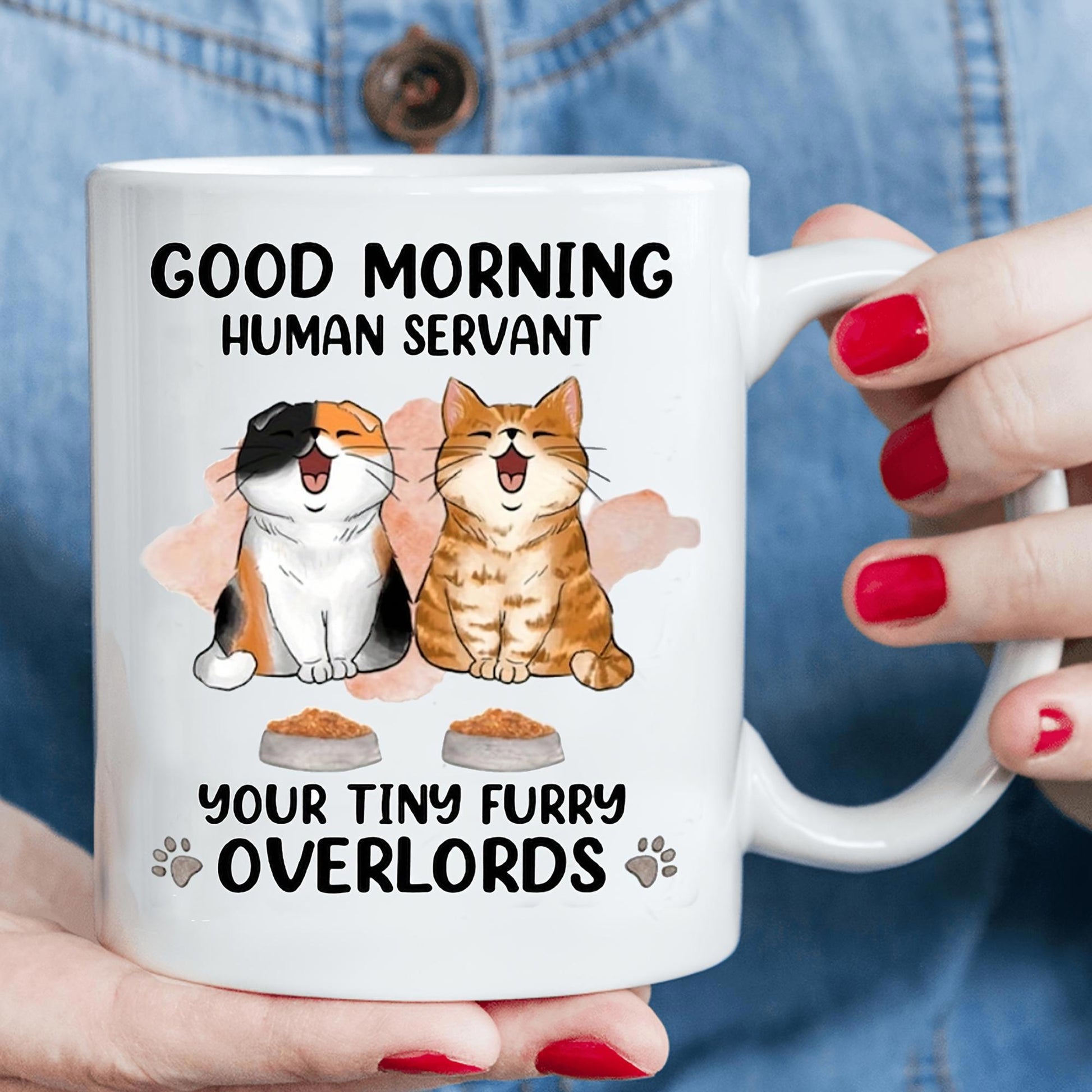 Tailorly White Ceramic 11 oz Mug - Good Morning Human Servant Your Tiny Furry Overlords Two Adorable Kittens Yawning Sitting Behind Small Bowls Full Of Food Cat