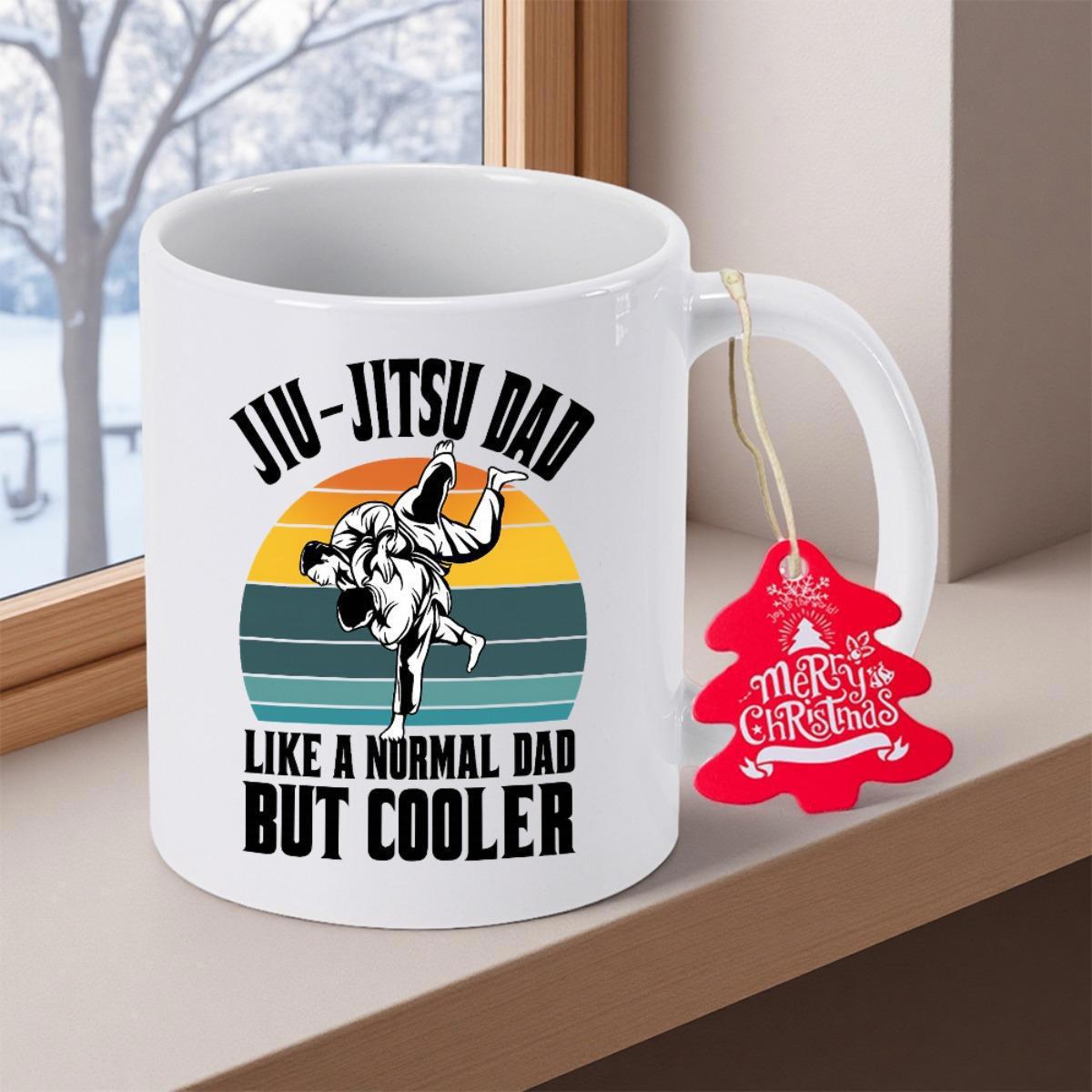 Tailorly White Ceramic 11 oz Mug - Jiu Jitsu Dad Like A Normal Dad But Cooler Retro Style Striped Sunset With Two Martial Artists Performing Dynamic Throw Fighter