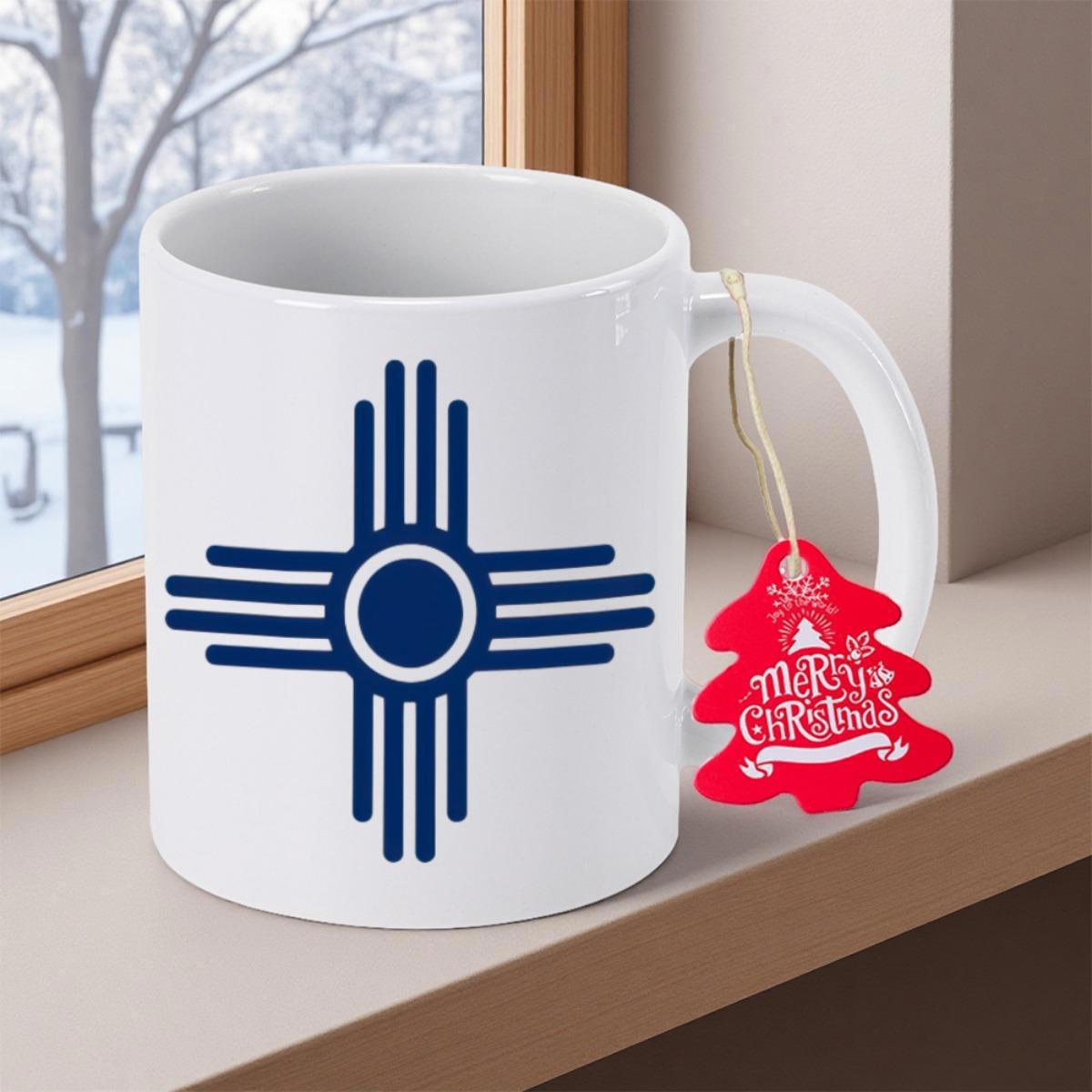 Tailorly White Ceramic 11 oz Mug - Merry Christmas Minimalist Blue Radiant Sun Rays With A Circular Center Symbol