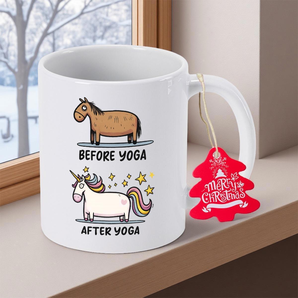 Tailorly White Ceramic 11 oz Mug - Before Yoga After Yoga Humorous Cartoon Horse Transforming Into A Magical Sparkling Rainbow Colored Unicorn