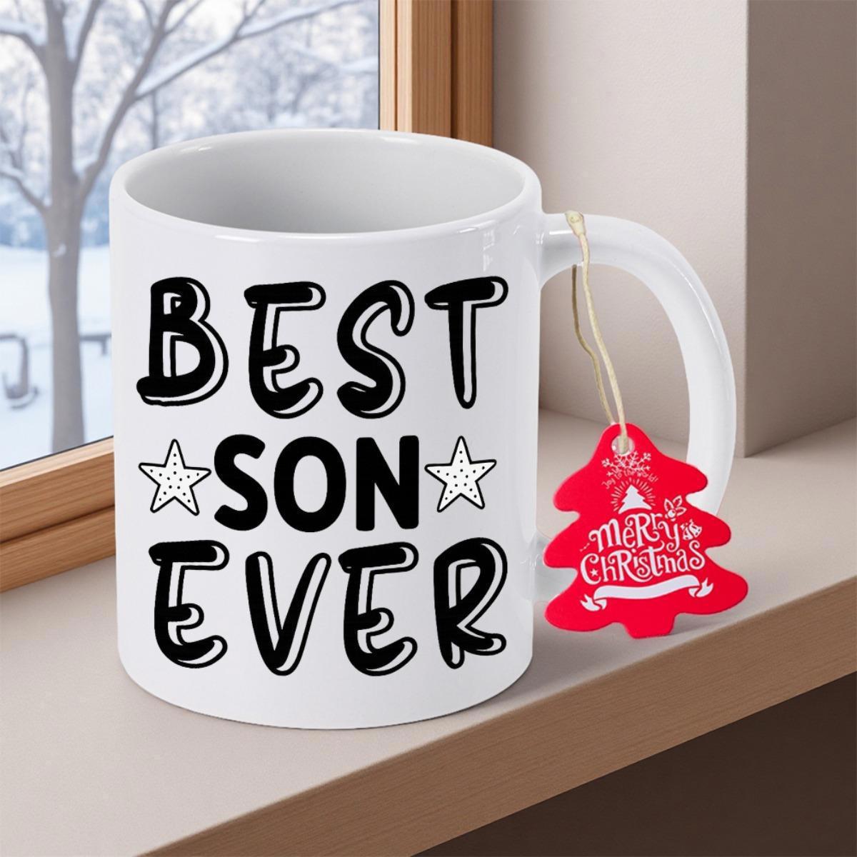 Tailorly White Ceramic 11 oz Mug - Best Son Ever Merry Christmas Polished Featuring Decorative Stars And Festive Tree Mug