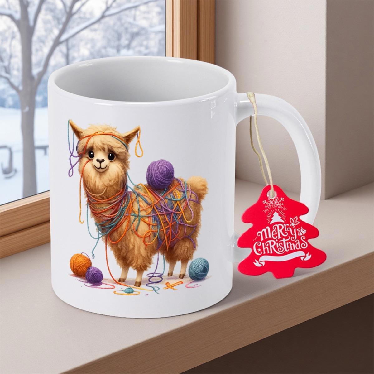 Tailorly White Ceramic 11 oz Mug - Merry Christmas Adorable Fluffy Brown Creature Tangled In Colorful Wool Yarn Balls Alpaca