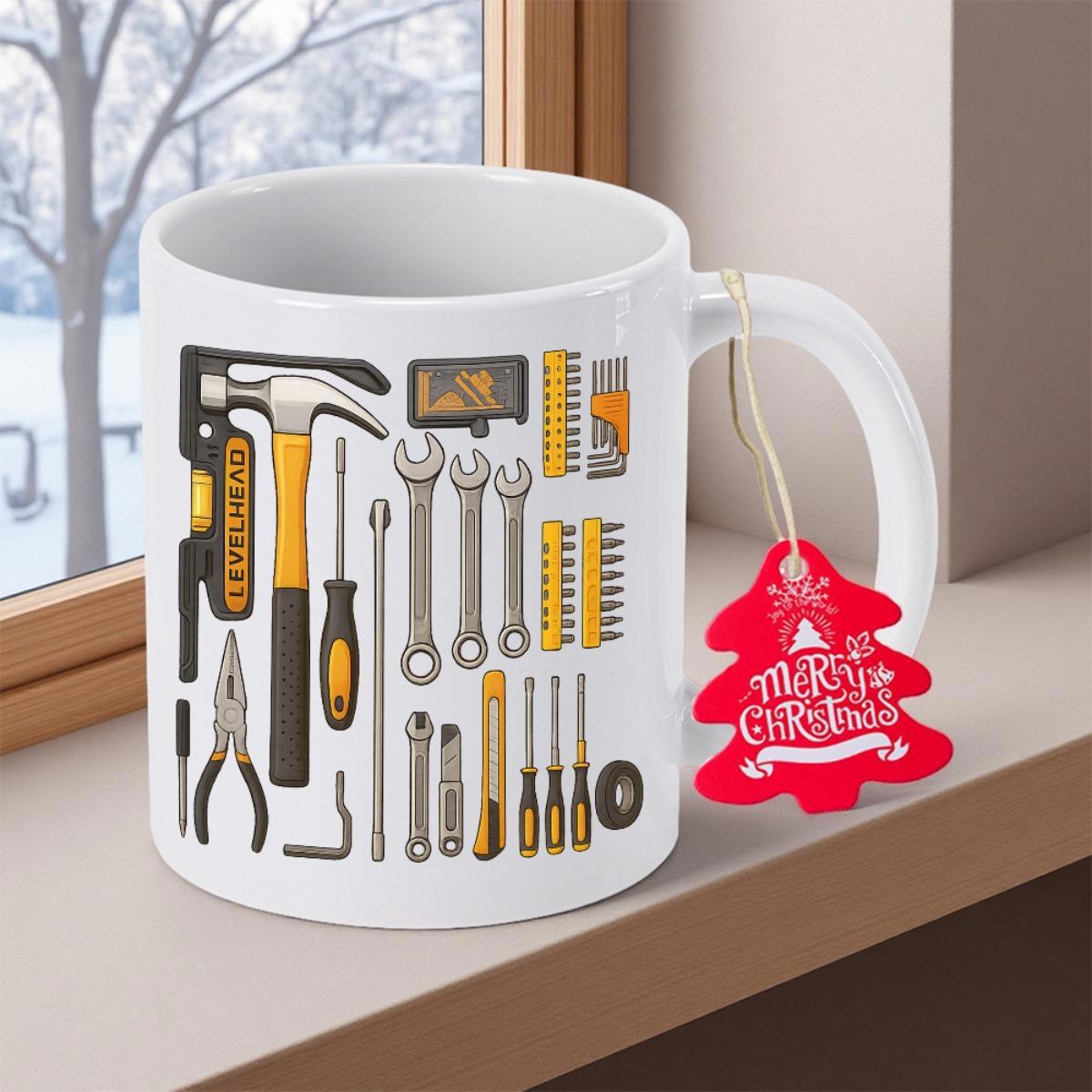 Tailorly White Ceramic 11 oz Mug - Merry Christmas Industrial Hardware Tools Arranged Neatly Across A Polished White Ceramic Tool