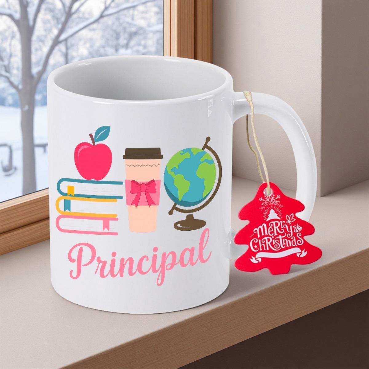 Tailorly White Ceramic 11 oz Mug - Principal Merry Christmas Educational Elements Including Books Apple Coffee Cup And Desktop Globe Mug