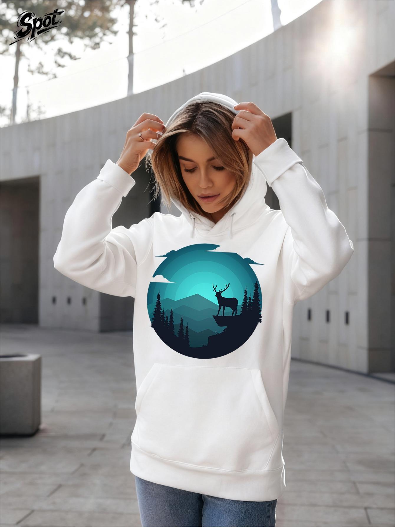 Tailorly Women's Printed Hoodie - Blue Moonlight Forest With Misty Pine Trees And Majestic Wildlife Deer