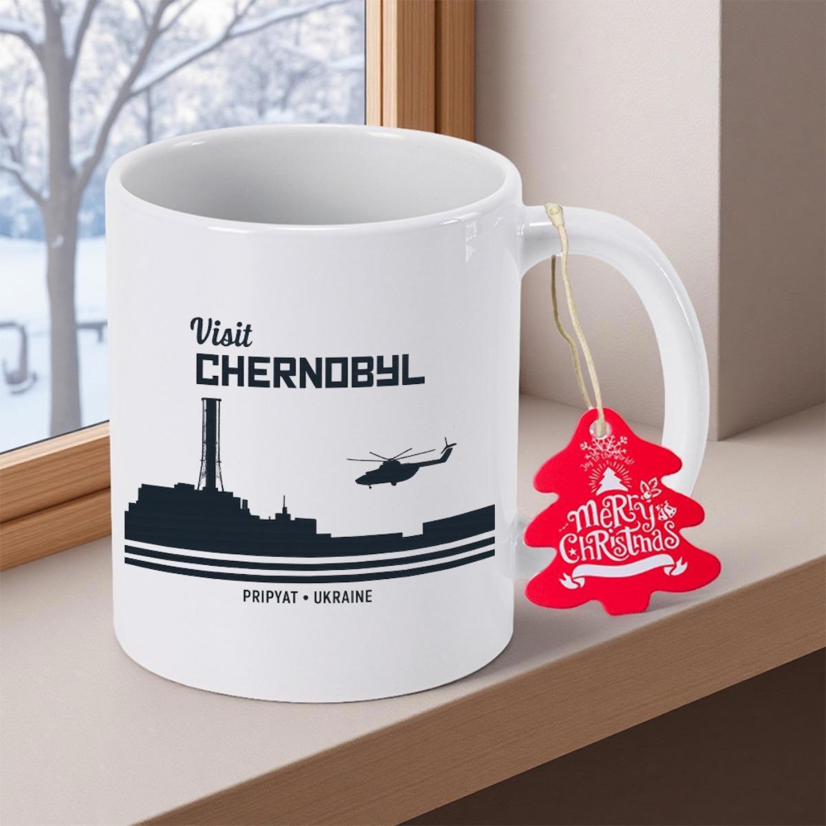 Tailorly White Ceramic 11 oz Mug - Visit Chernobyl Pripyat Ukraine Minimalist Industrial Nuclear Reactor Silhouette With Flying Rescue Helicopter Landscape