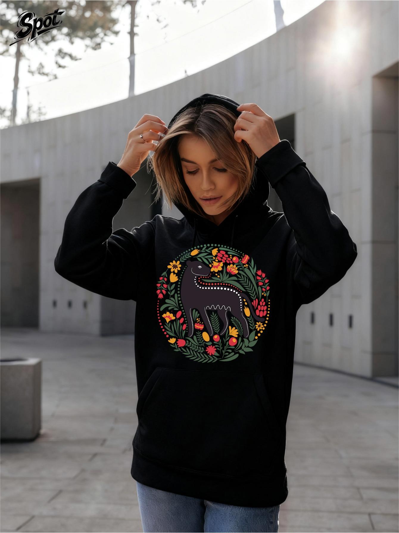 Tailorly Women's Printed Hoodie - Whimsical Embroidered Look With Vibrant Wild Flowers Surrounding Playful Animal