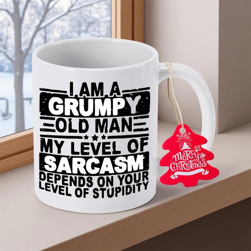 Tailorly White Ceramic 11 oz Mug - I Am A Grumpy Old Man My Level Of Sarcasm Depends On Your Level Of Stupidity Merry Christmas Bold Typography Arranged With Stars