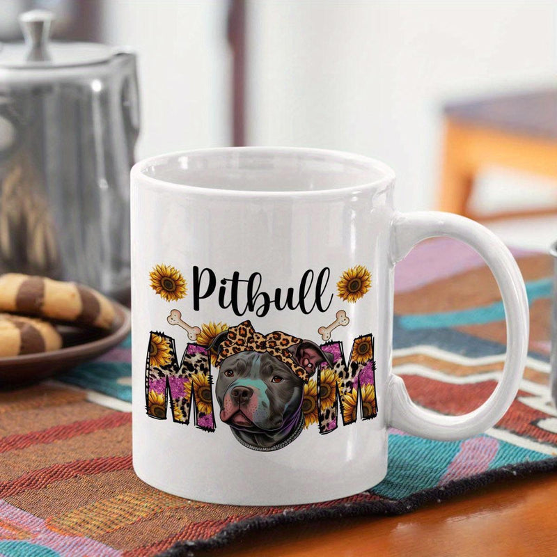 Tailorly White Ceramic 11 oz Mug - Pitbull Mom Cute Dog Wearing Leopard Headband Among Sunflowers And Bone Accents Pitbull