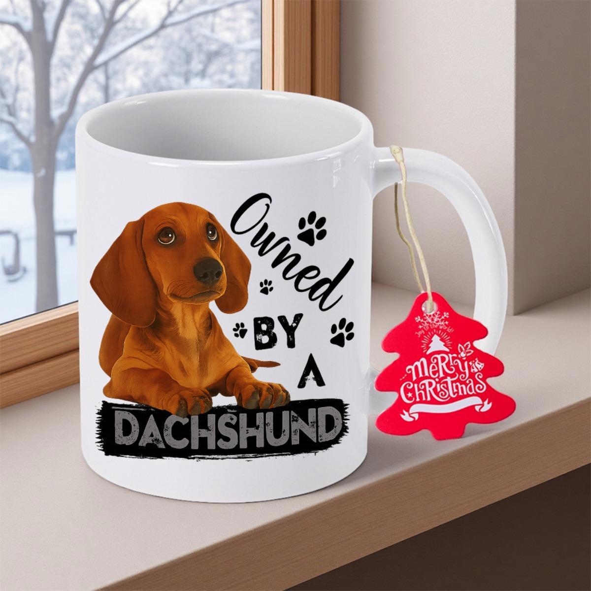 Tailorly White Ceramic 11 oz Mug - Owned By A Dachshund Adorable Brown Long Haired Puppy Sitting Patiently Among Tiny Paw Prints Dachshund
