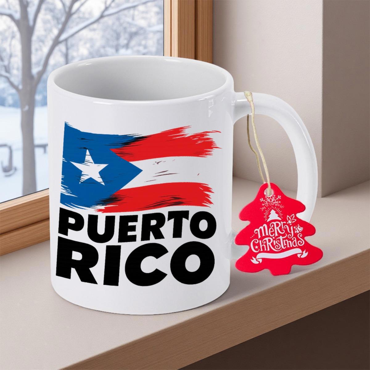 Tailorly White Ceramic 11 oz Mug - Puerto Rico Artistic Brushstroke Style Vibrant Patriotic Island Territory National Symbol Graphic Flag