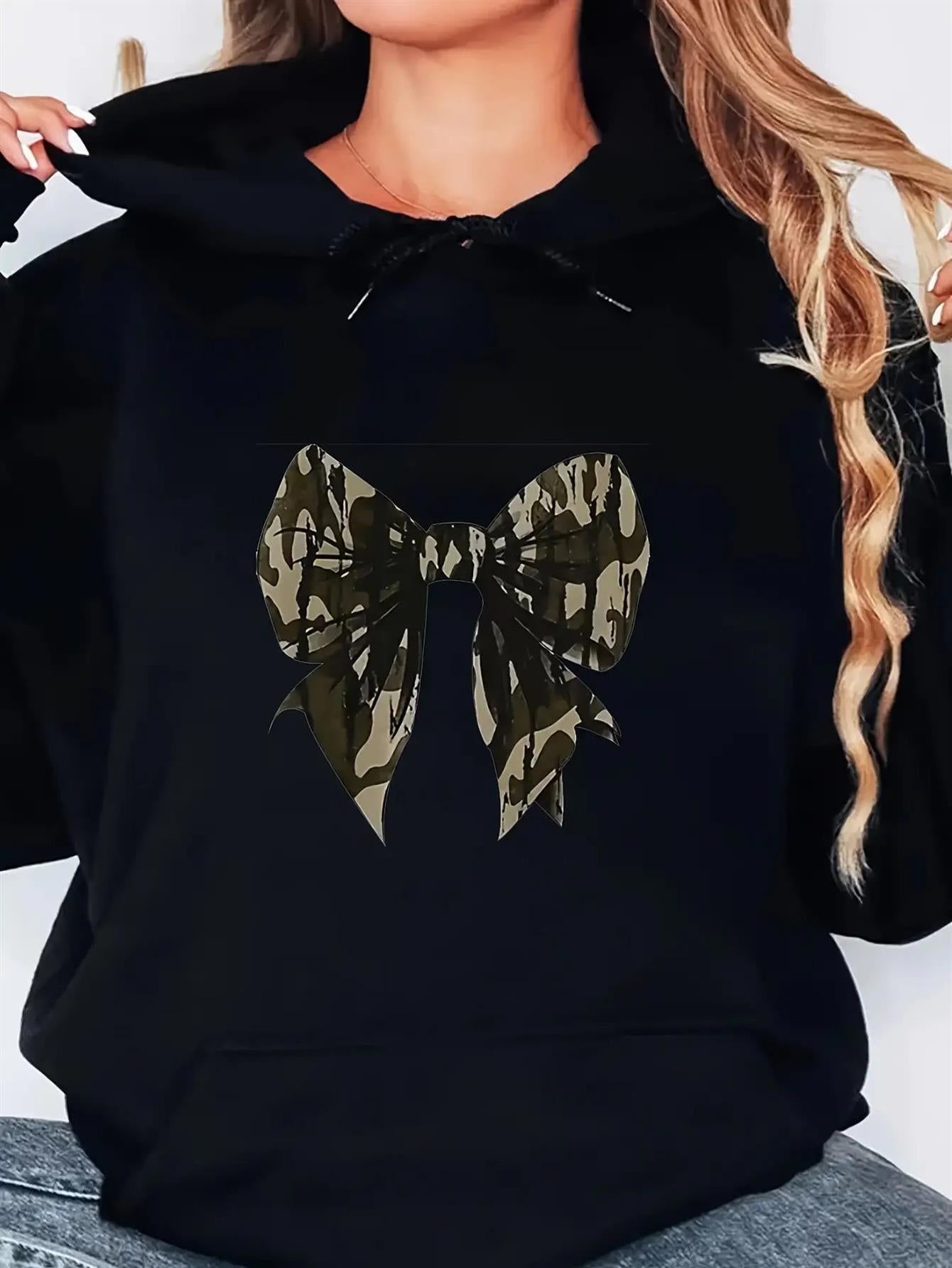 Tailorly Women's Printed Hoodie - Camouflage Ribbon Graphic Bow With Abstract Forest Patterns Bow