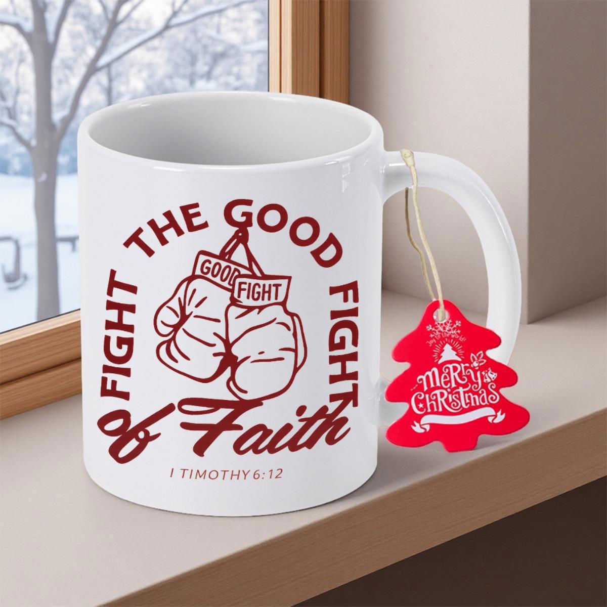 Tailorly White Ceramic 11 oz Mug - Fight The Good Fight Of Faith Pair Of Vintage Boxing Gloves Hanging Against A Snowy Winter Window Gloves