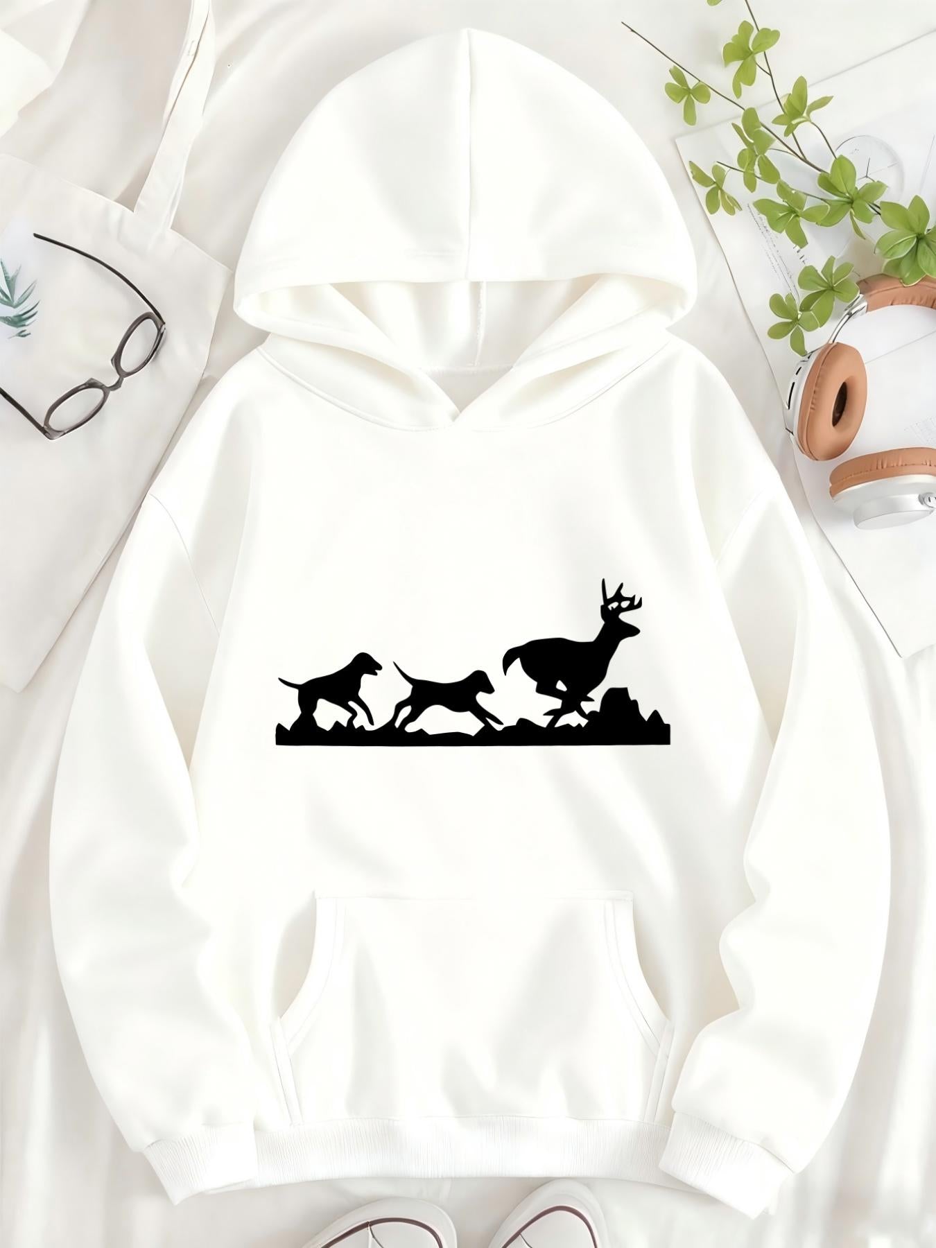 Tailorly Women's Printed Hoodie - Running Hounds Chasing Antlered Deer On Grassy Terrain Silhouette