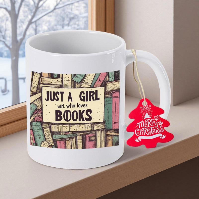 Tailorly White Ceramic 11 oz Mug - Just A Girl Who Loves Books Colorful Retro Library Shelves Packed With Neatly Stacked Vintage Hardcover Bookshelf