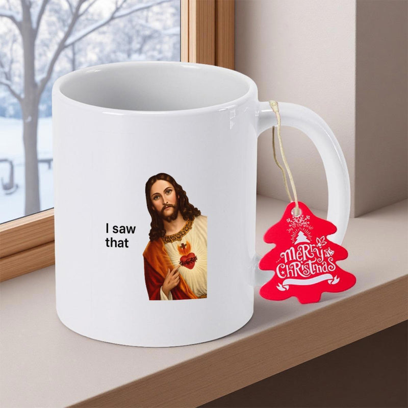 Tailorly White Ceramic 11 oz Mug - I Saw That Serene Sacred Heart Figure Wearing A Flowing Red Robe With Long Hair Jesus