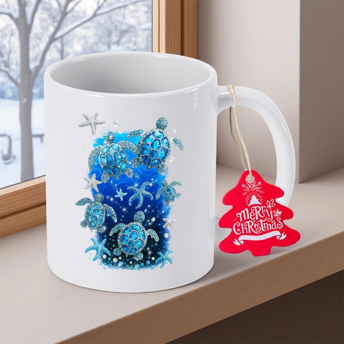 Tailorly White Ceramic 11 oz Mug - Merry Christmas Artistic Blue Watercolor Ocean Scene Featuring Graceful Swimming Sea Starfish And Turtle