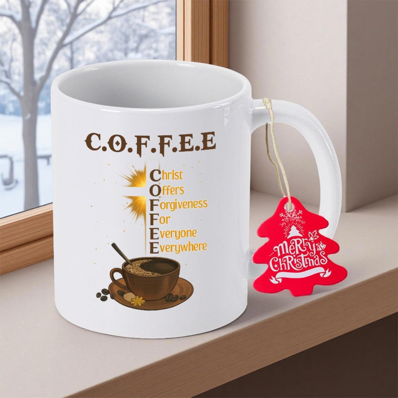 Tailorly White Ceramic 11 oz Mug - Coffee Christ Offers Forgiveness For Everyone Everywhere Merry Christmas Elegant Ceramic Surface Featuring Warm Brown Drink Art