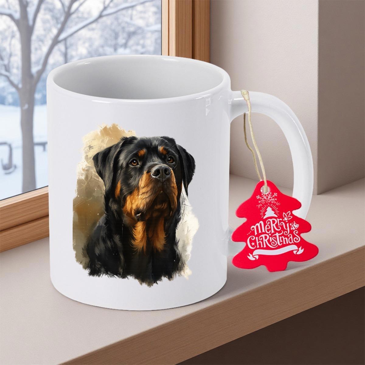 Tailorly White Ceramic 11 oz Mug - Merry Christmas Majestic Portrait Of A Loyal Rottweiler With Black And Tan Fur Dog