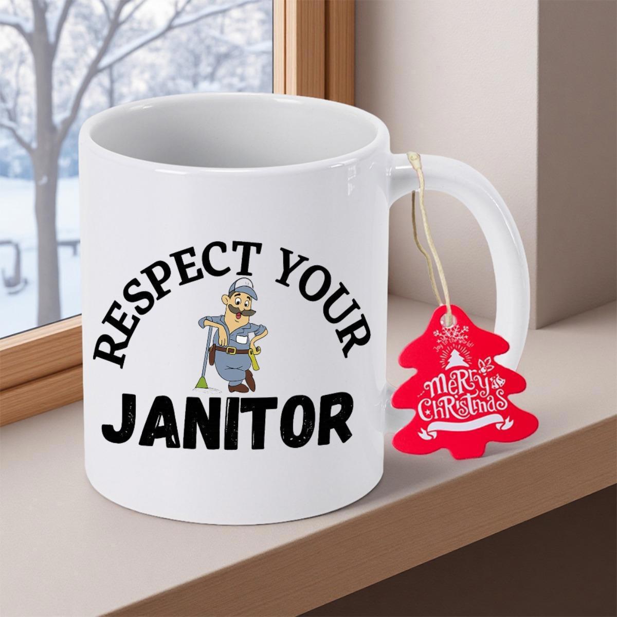 Tailorly White Ceramic 11 oz Mug - Respect Your Janitor Merry Christmas Hardworking Friendly Character Holding Cleaning Mop In Professional Uniform Janitor