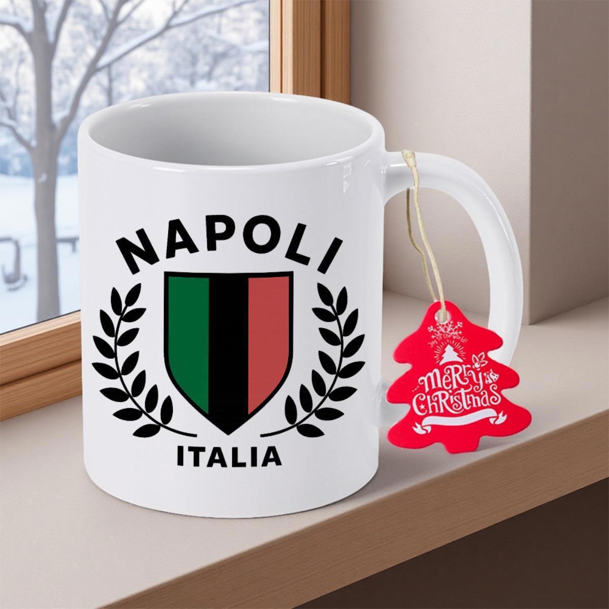 Tailorly White Ceramic 11 oz Mug - Napoli Italia Symmetrical Laurel Branches Surrounding A Vertical Tricolor Heraldic Emblem Shield