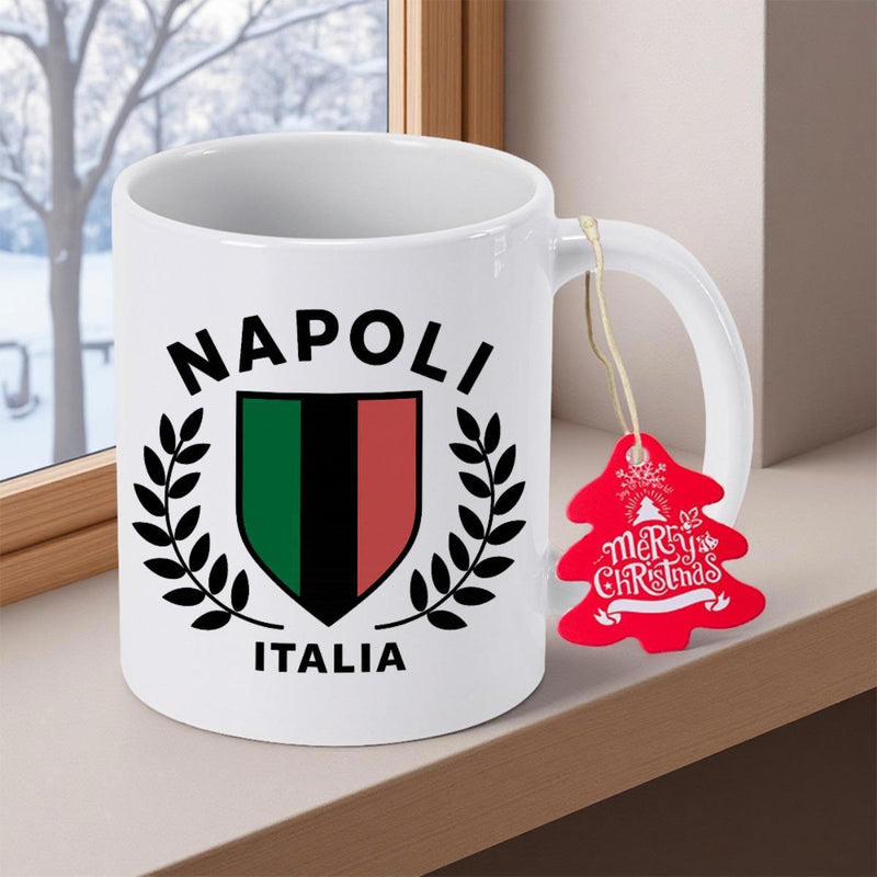 Tailorly White Ceramic 11 oz Mug - Napoli Italia Symmetrical Laurel Branches Surrounding A Vertical Tricolor Heraldic Emblem Shield