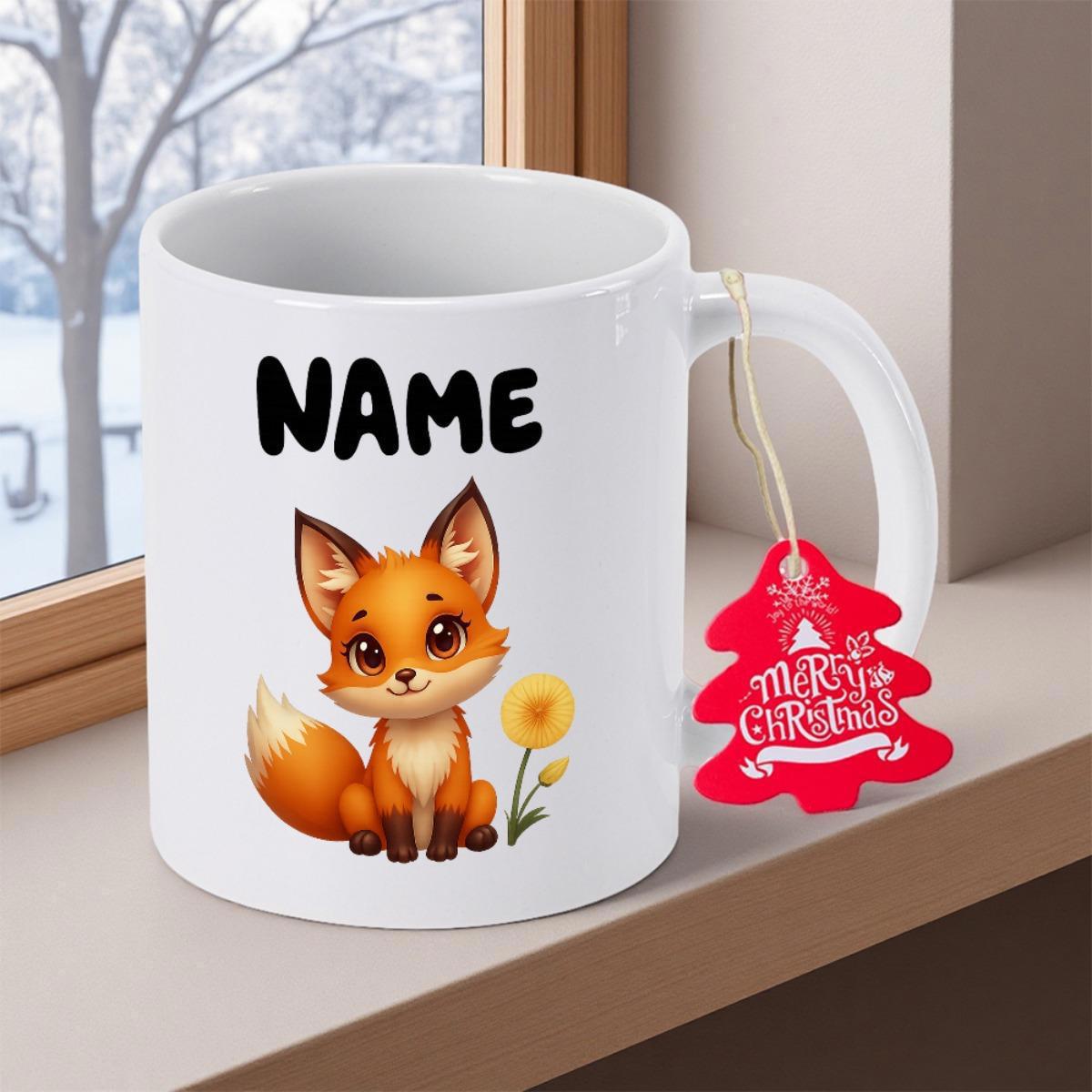 Tailorly White Ceramic 11 oz Mug - Name Merry Christmas Adorable Cartoon Orange Animal Sitting Beside A Small Yellow Blooming Wildflower Fox