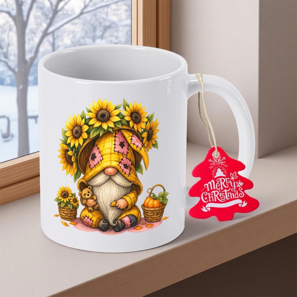 Tailorly White Ceramic 11 oz Mug - Merry Christmas Adorable Tiny Teddy Bear Among Golden Sunflowers Wearing Hat Gnome