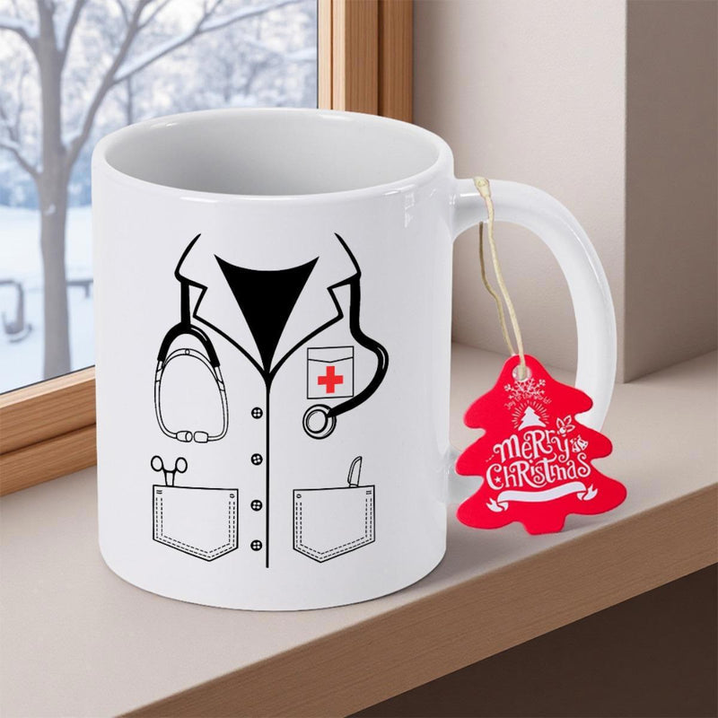 Tailorly White Ceramic 11 oz Mug - Merry Christmas Minimalist Medical Professional Scrub Uniform With Black Stethoscope And Red Cross Lab Coat