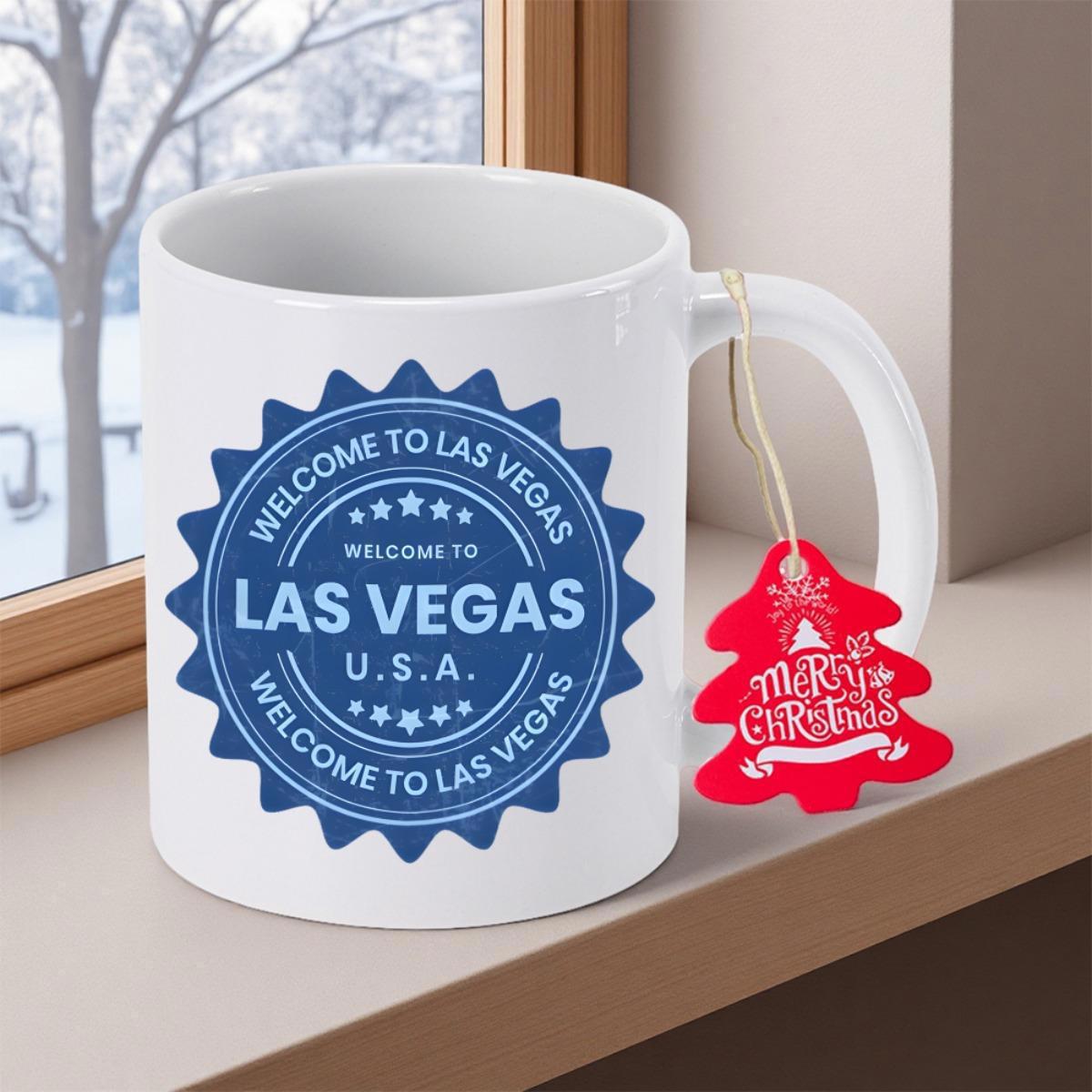 Tailorly White Ceramic 11 oz Mug - Welcome To Las Vegas USA Blue Circular Stamp Badge With Stars Featured On A