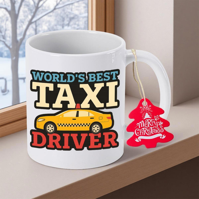 Tailorly White Ceramic 11 oz Mug - Worlds Best Taxi Driver Vintage Style Yellow Sedan Icon With Checked Line And Bold Outlines Taxi