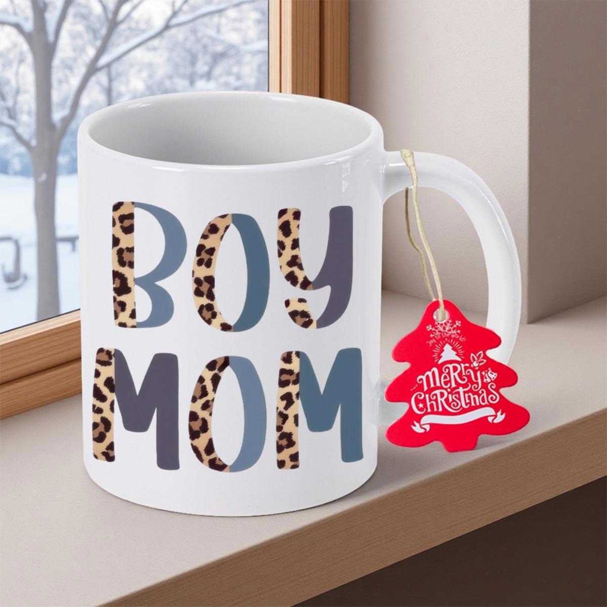Tailorly White Ceramic 11 oz Mug - Boy Mom Bold Artistic Typography With Leopard Print And Solid Blue Mug
