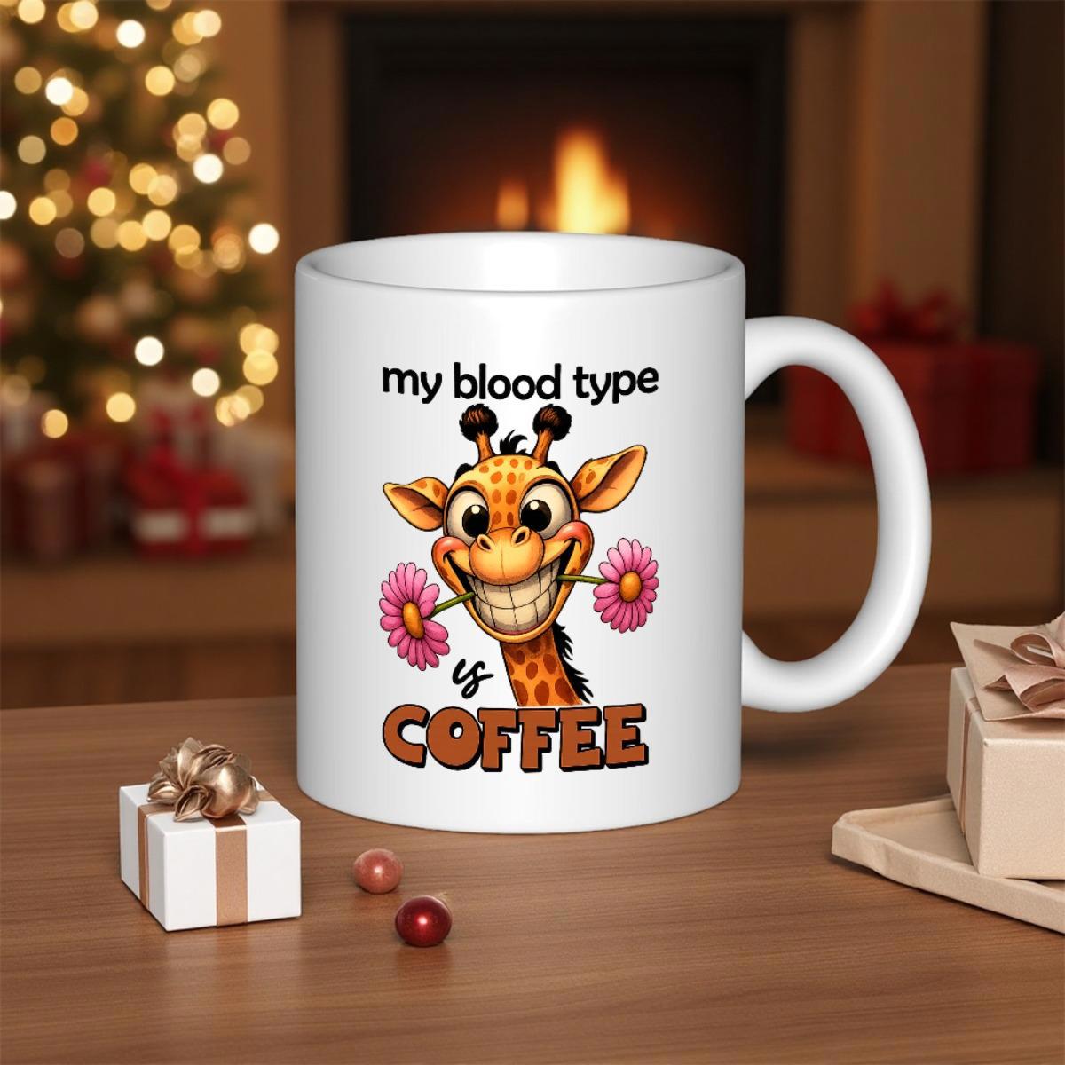 Tailorly White Ceramic 11 oz Mug - My Blood Type Is Coffee Adorable Cartoon Giraffe Smiling With Pink Flowers In Mouth Giraffe