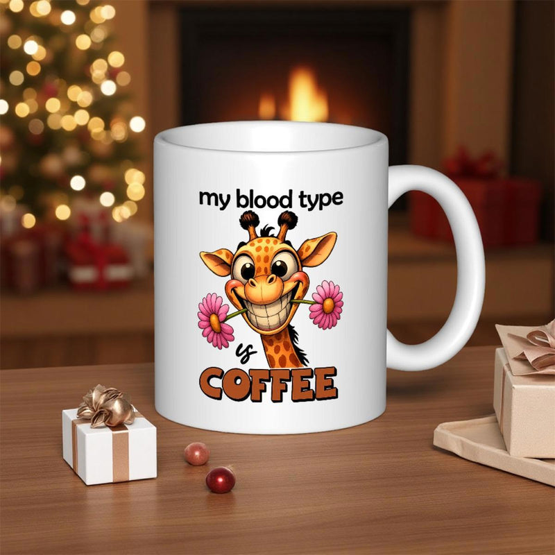 Tailorly White Ceramic 11 oz Mug - My Blood Type Is Coffee Adorable Cartoon Giraffe Smiling With Pink Flowers In Mouth Giraffe