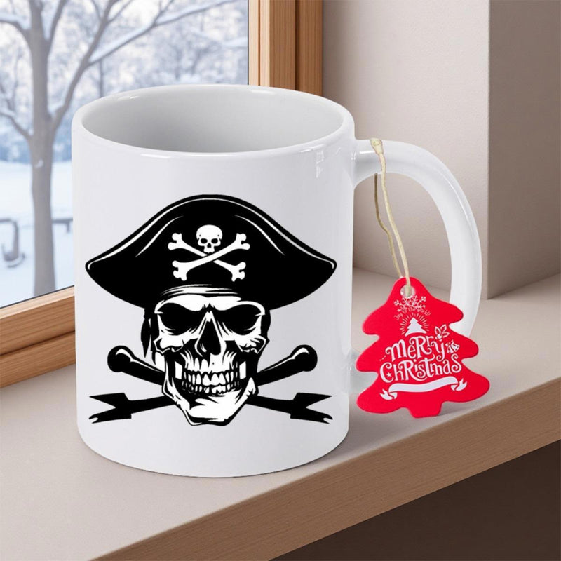 Tailorly White Ceramic 11 oz Mug - Merry Christmas Intimidating Black Pirate Skull Wearing Classic Captain Hat Above Crossed Bones Mug