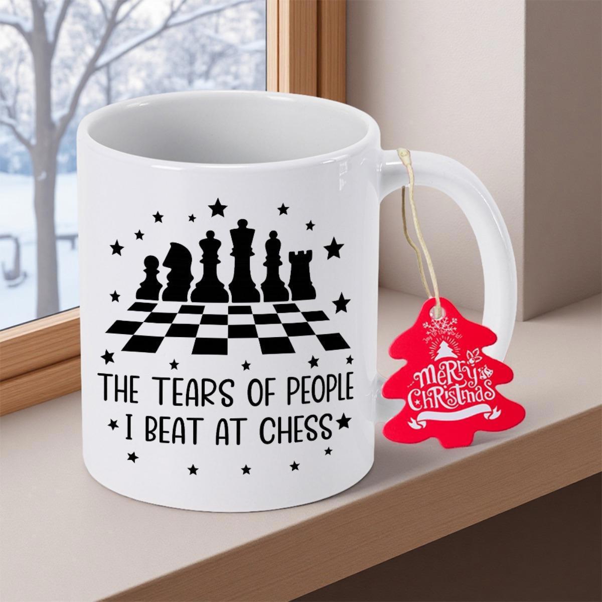 Tailorly White Ceramic 11 oz Mug - The Tears Of People I Beat At Chess Strategic Black Pieces Standing On A Classic Checkered Square Chessboard
