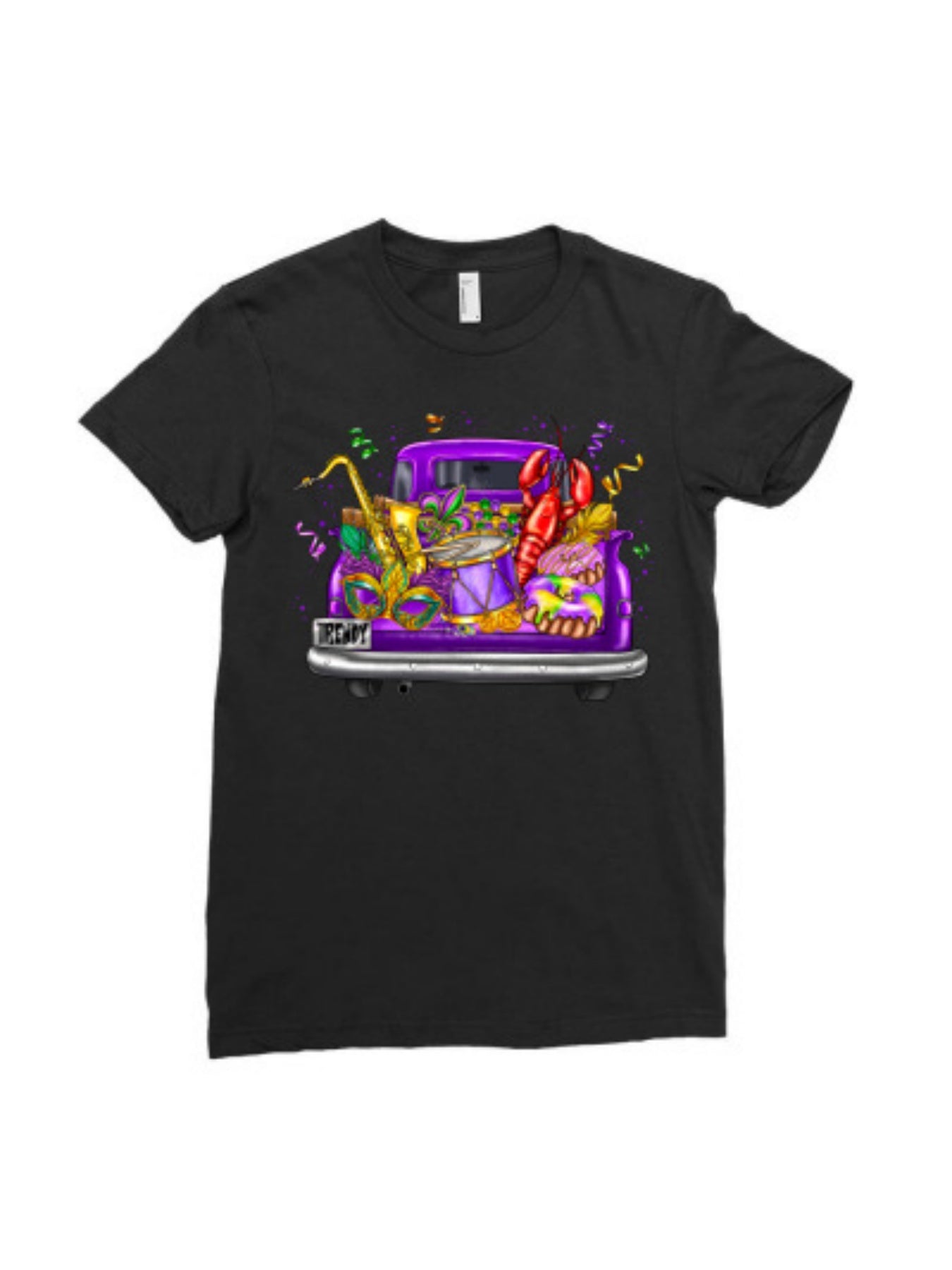 Tailorly Women's Printed Tee - Colorful Saxophone Playing Cat With Crawfish In Vintage Car
