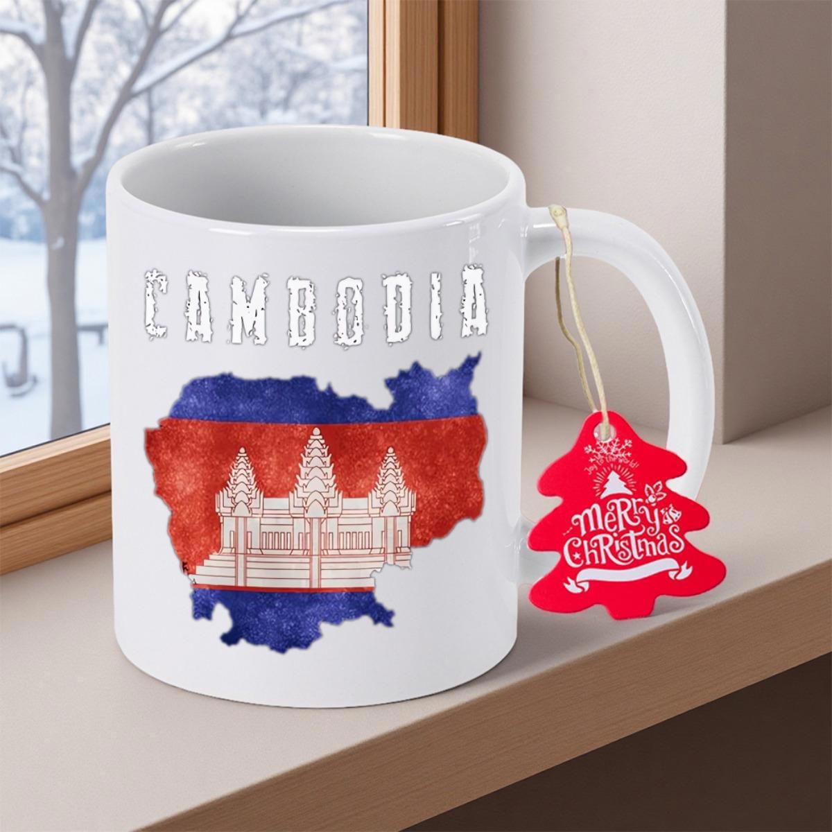 Tailorly White Ceramic 11 oz Mug - Cambodia Distressed National Flag Filling A Geographic Silhouette Under Bold White Text Map