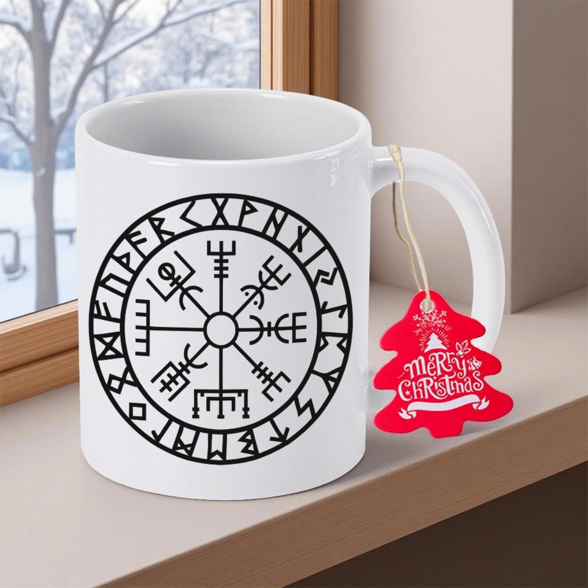Tailorly White Ceramic 11 oz Mug - Merry Christmas Intricate Ancient Nordic Design With Mysterious Symbols And Circular Runes Compass