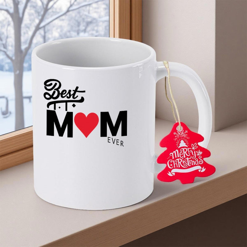 Tailorly White Ceramic 11 oz Mug - Best Mom Ever Minimalist Typography Design Featuring A Vibrant Red Heart Among Bold Black Lettering Heart