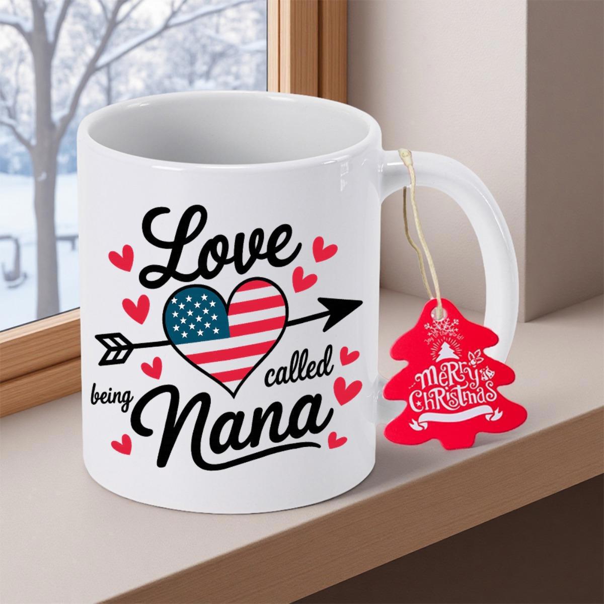 Tailorly White Ceramic 11 oz Mug - Love Being Called Nana Patriotic American Flag Heart With A Piercing Arrow And Tiny Hearts Mug