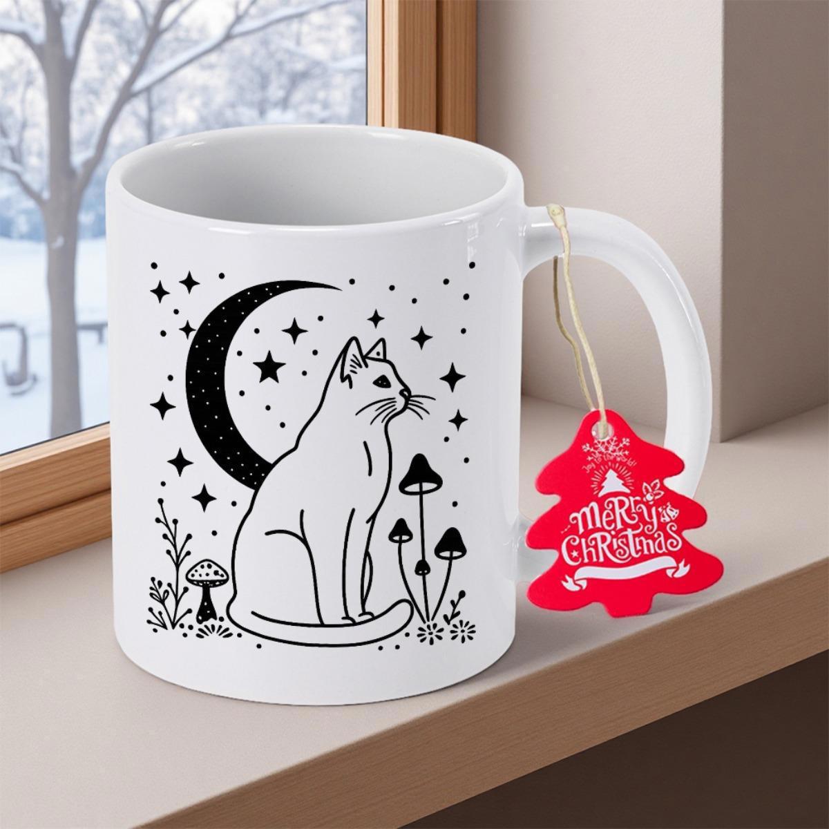Tailorly White Ceramic 11 oz Mug - Celestial Night Scene Featuring A Sitting Silhouette Among Stars And Moon Cat