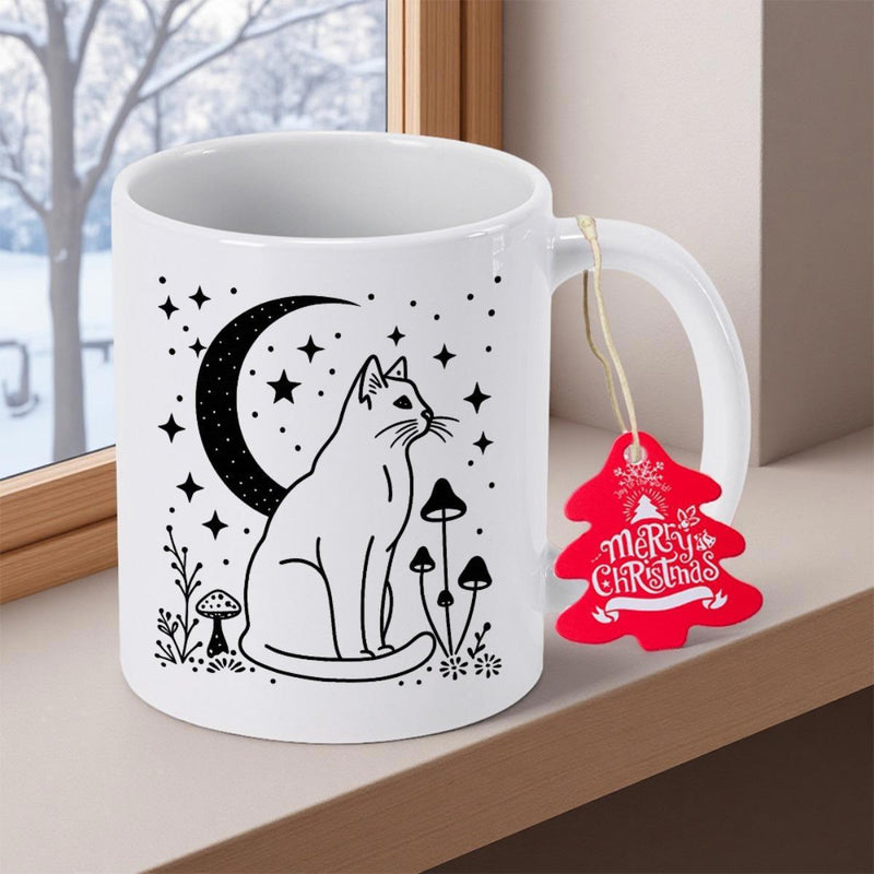 Tailorly White Ceramic 11 oz Mug - Celestial Night Scene Featuring A Sitting Silhouette Among Stars And Moon Cat