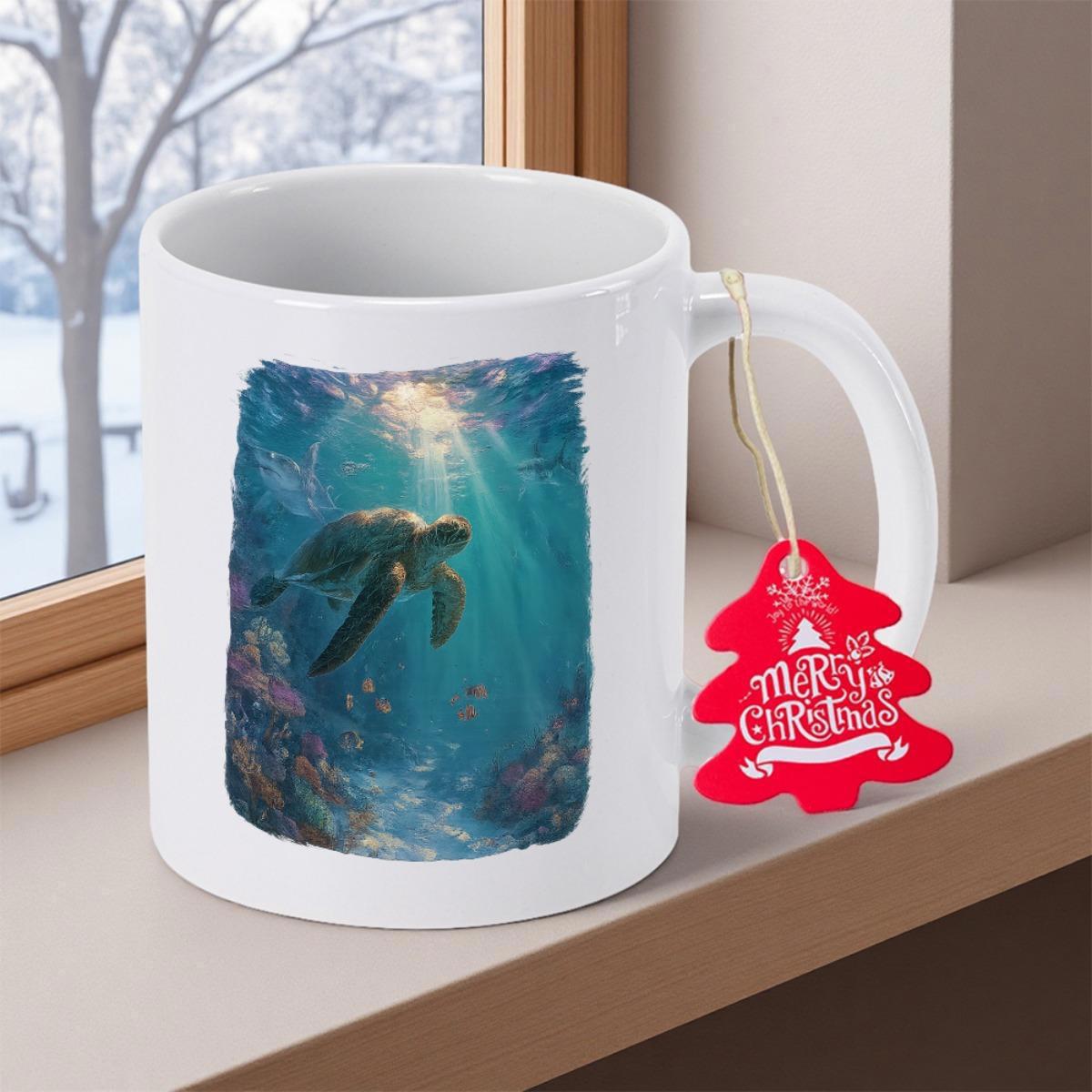 Tailorly White Ceramic 11 oz Mug - Majestic Swimming Through Deep Blue Ocean Rays Under Sunlight Sea Turtle