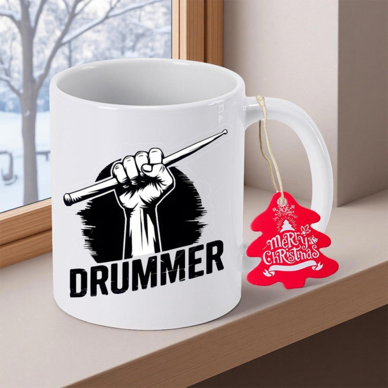 Tailorly White Ceramic 11 oz Mug - Drummer Powerful Clenched Fist Holding A Slanted Wooden Drumstick Drummer