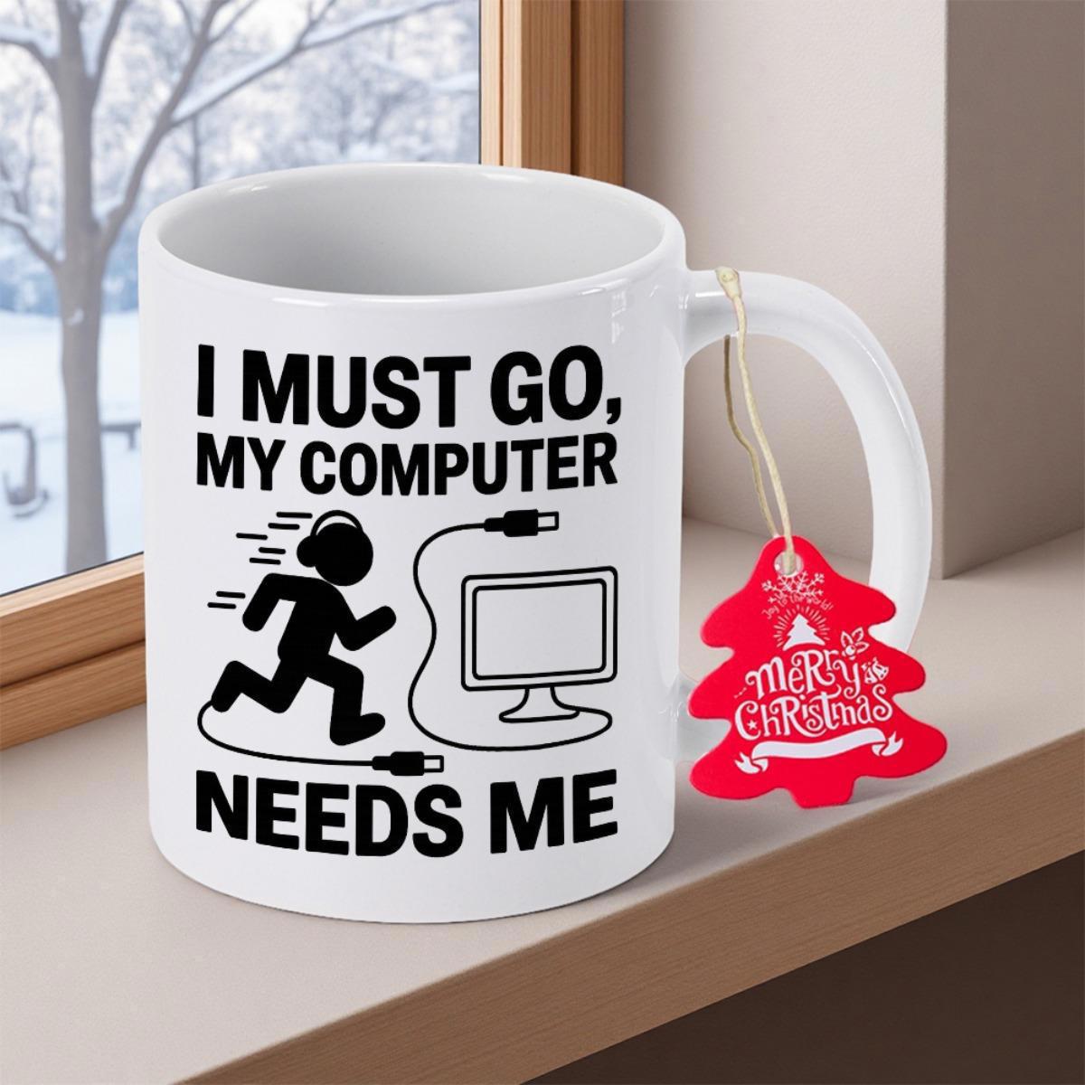 Tailorly White Ceramic 11 oz Mug - I Must Go My Computer Needs Me Funny Stick Figure Running Fast Connected To A Digital Desktop Monitor Silhouette