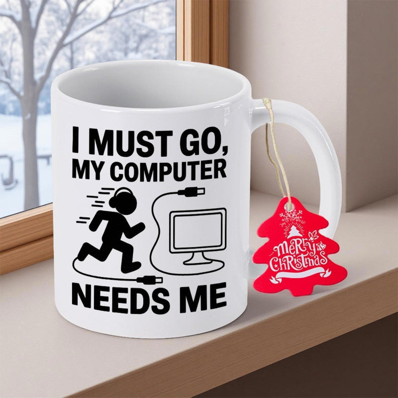 Tailorly White Ceramic 11 oz Mug - I Must Go My Computer Needs Me Funny Stick Figure Running Fast Connected To A Digital Desktop Monitor Silhouette