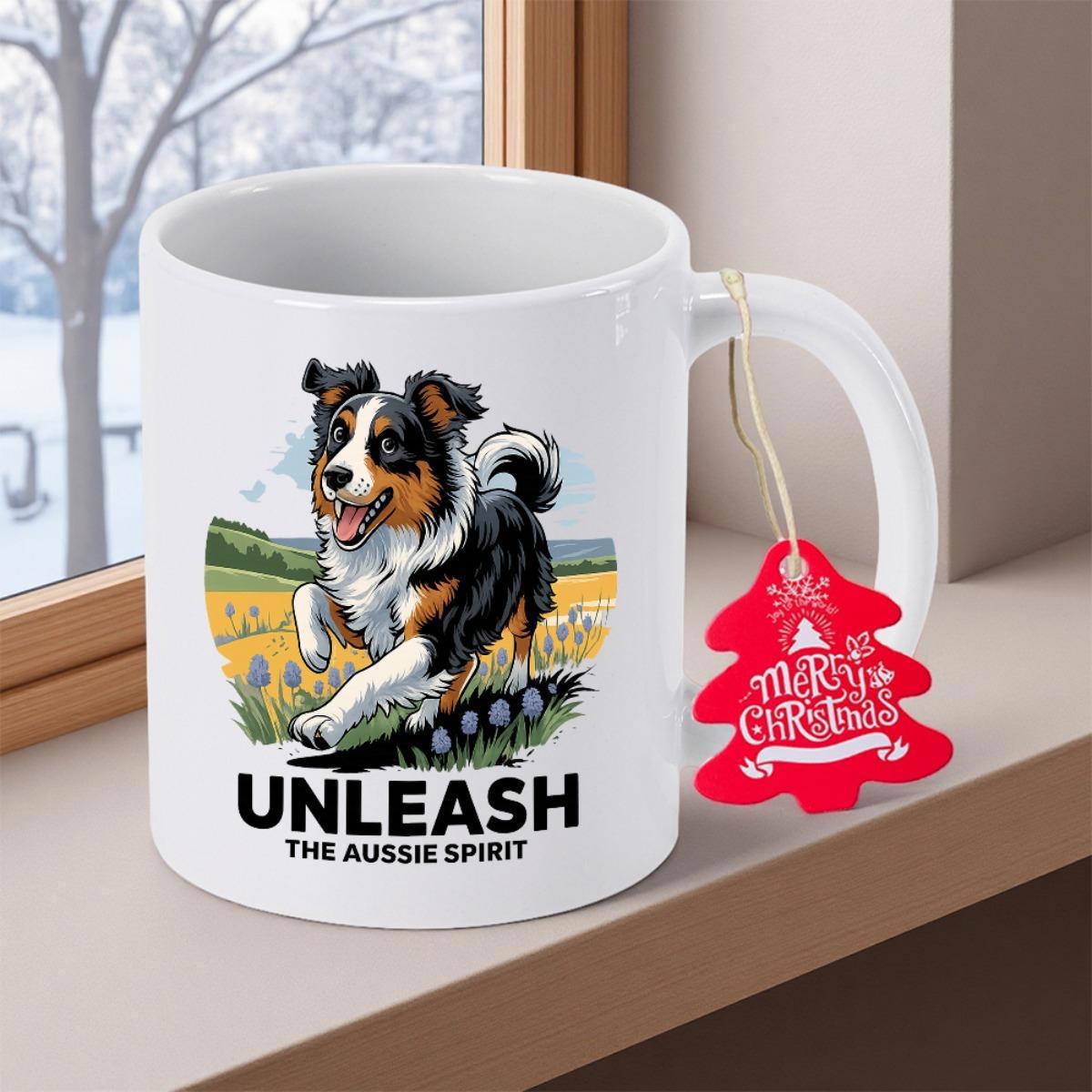 Tailorly White Ceramic 11 oz Mug - Unleash The Aussie Spirit Active Dog Running In A Sunny Meadow With Flowers Australian Shepherd